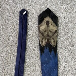Fratello Tie Mens One Size Blue Wolf Animal Print Woven Polyester Wide Novelty
